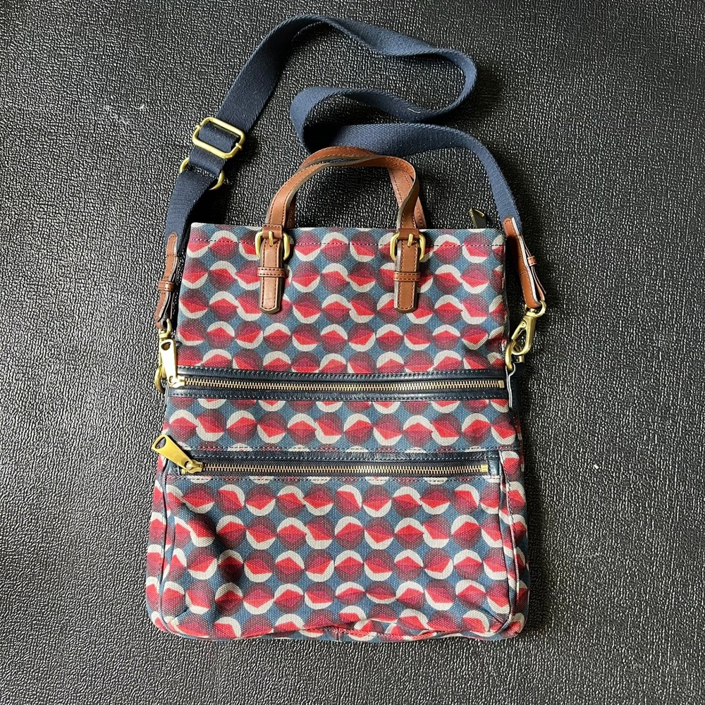 Fossil Explorer Canvas Foldover Crossbody Bag Geometric Print Leather Trim Mod